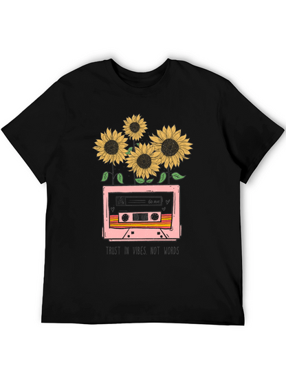 Camiseta Negra con Diseño Retro de Cassette y Girasoles