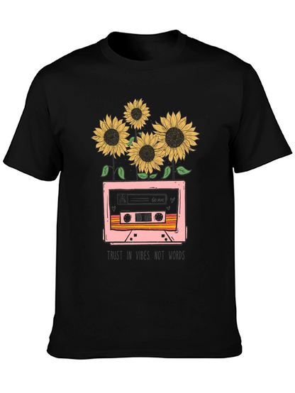 Camiseta Negra con Diseño Retro de Cassette y Girasoles