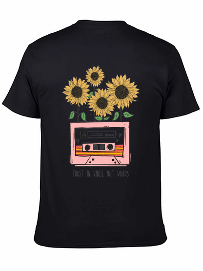 Camiseta Negra con Diseño Retro de Cassette y Girasoles