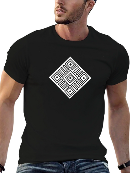 Camiseta Negra Hombre Diseño Geométrico Blanco
