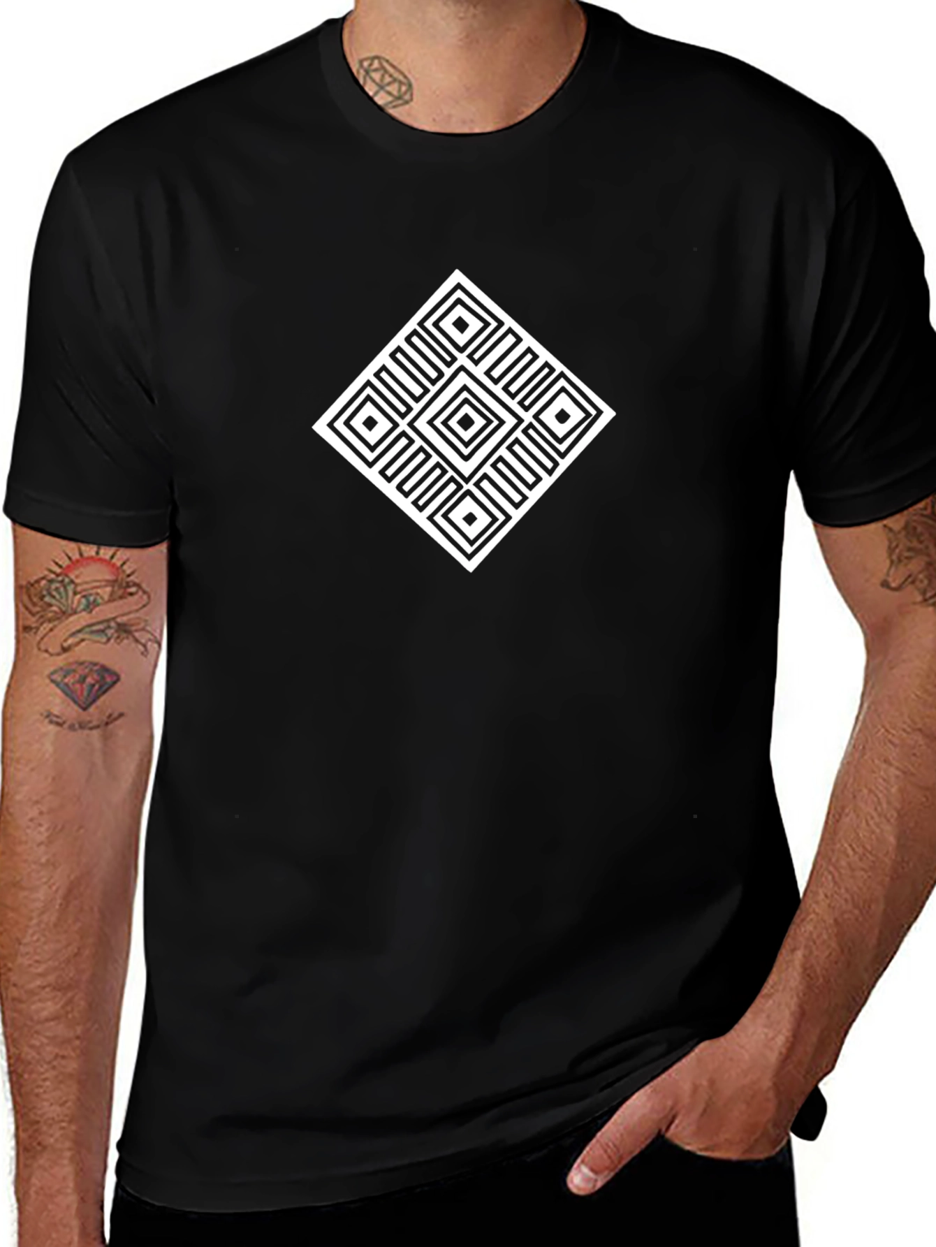 Camiseta Negra Hombre Diseño Geométrico Blanco