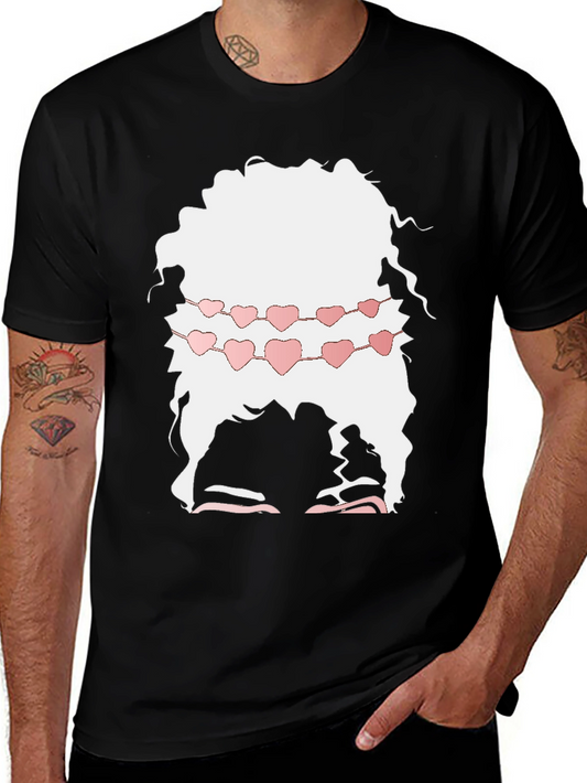 Camiseta Negra con Diseño de Cabello Rizado y Corazones
