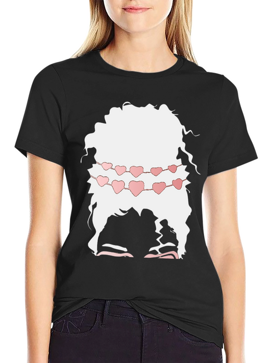 Camiseta Negra con Diseño de Cabello Rizado y Corazones