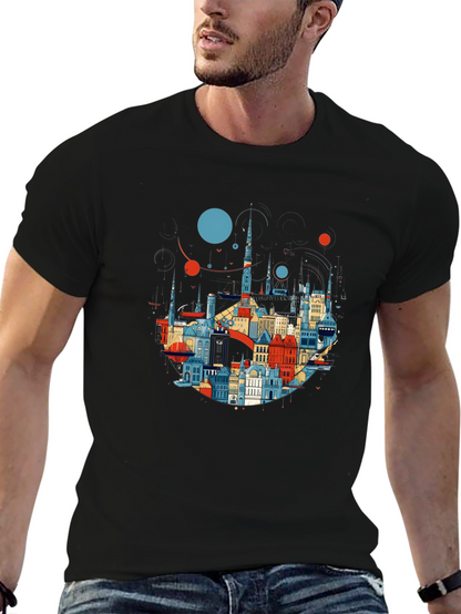 Camiseta Negra con Diseño Abstracto de Ciudad