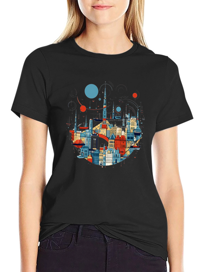 Camiseta Negra con Diseño Abstracto de Ciudad