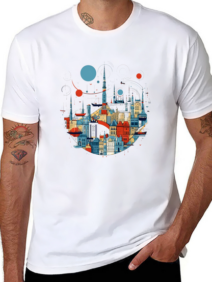 Camiseta Negra con Diseño Abstracto de Ciudad