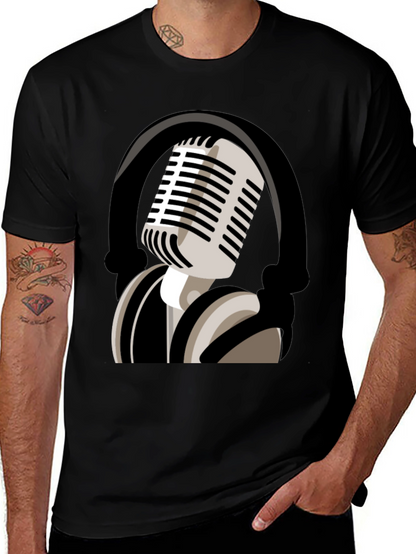 Camiseta Negra con Diseño de Micrófono Retro
