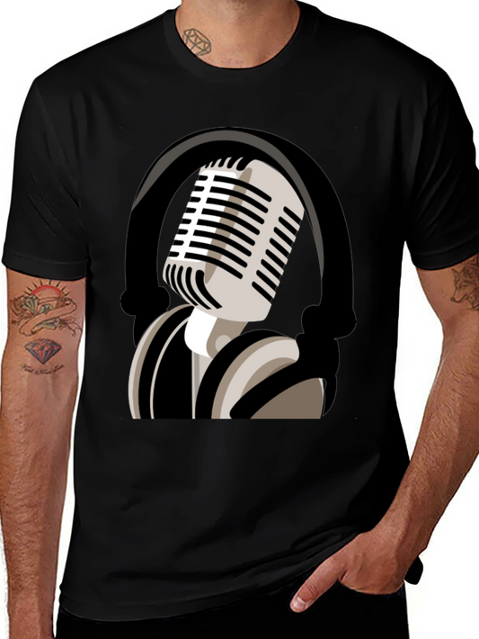 Camiseta Negra con Diseño de Micrófono Retro