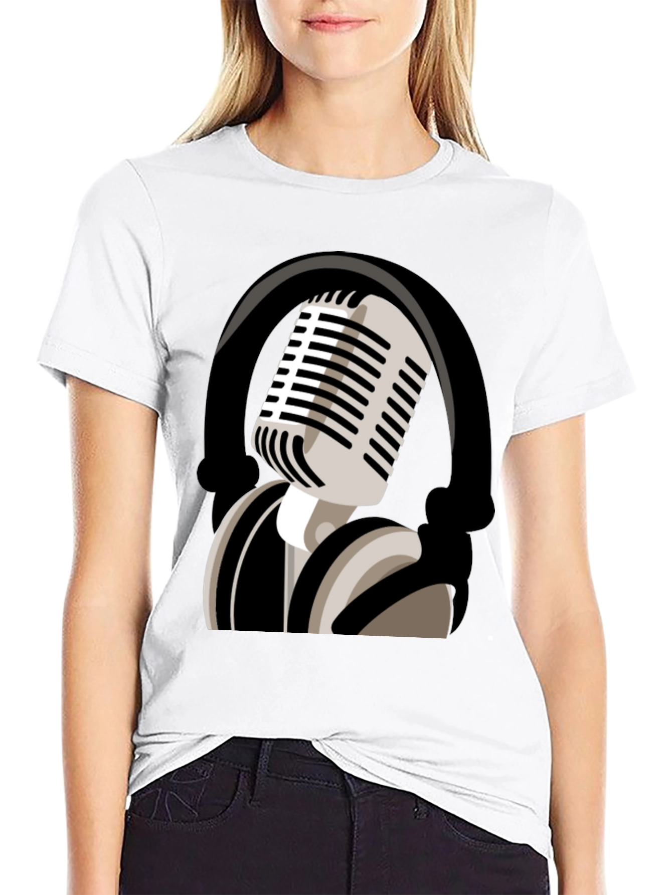 Camiseta Negra con Diseño de Micrófono Retro