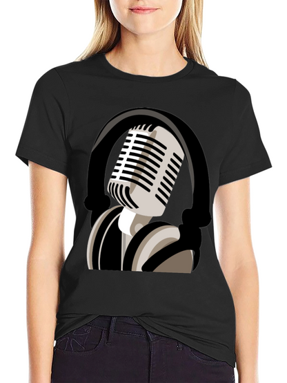 Camiseta Negra con Diseño de Micrófono Retro