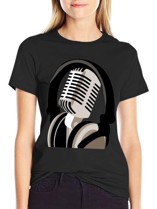 Camiseta Negra con Diseño de Micrófono Retro