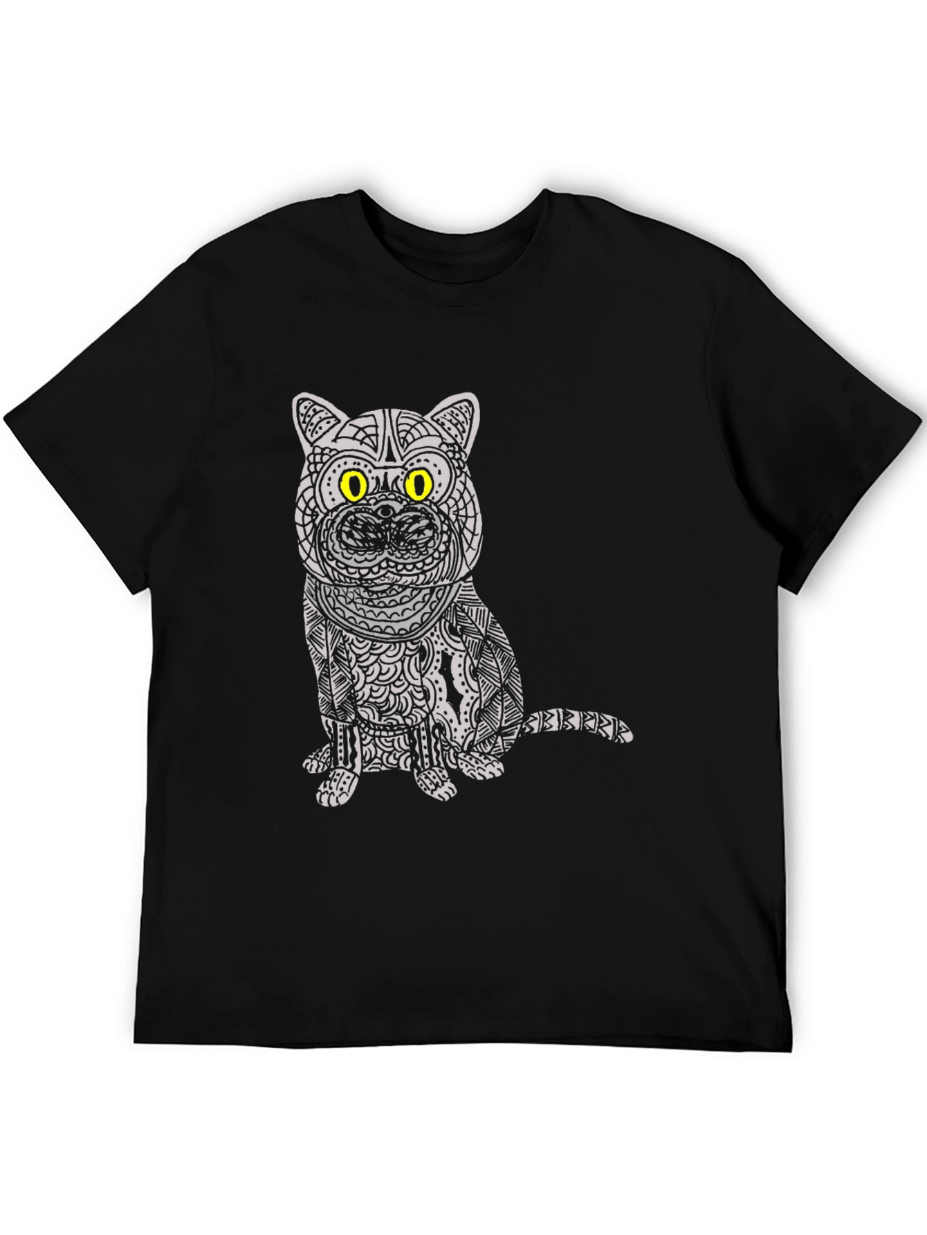 Camiseta Negra con Diseño de Gato Mandala