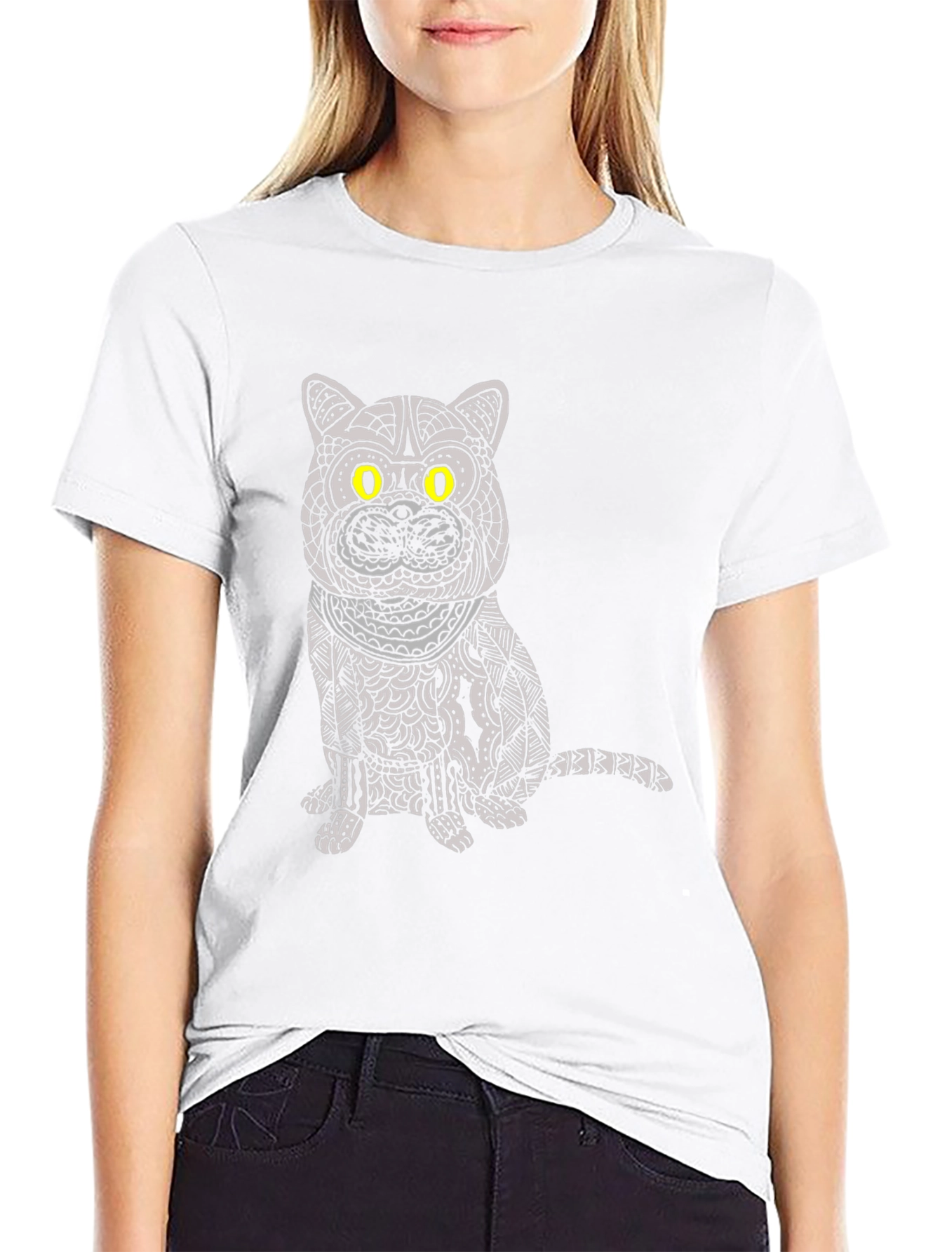 Camiseta Negra con Diseño de Gato Mandala