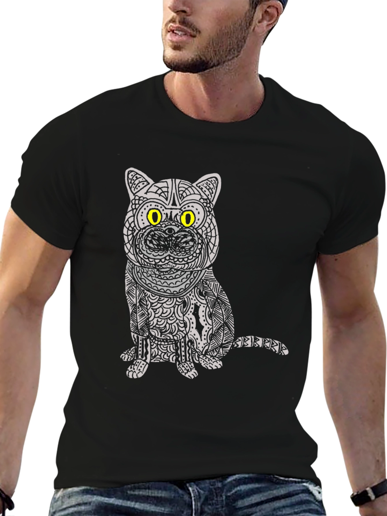 Camiseta Negra con Diseño de Gato Mandala