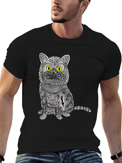 Camiseta Negra con Diseño de Gato Mandala