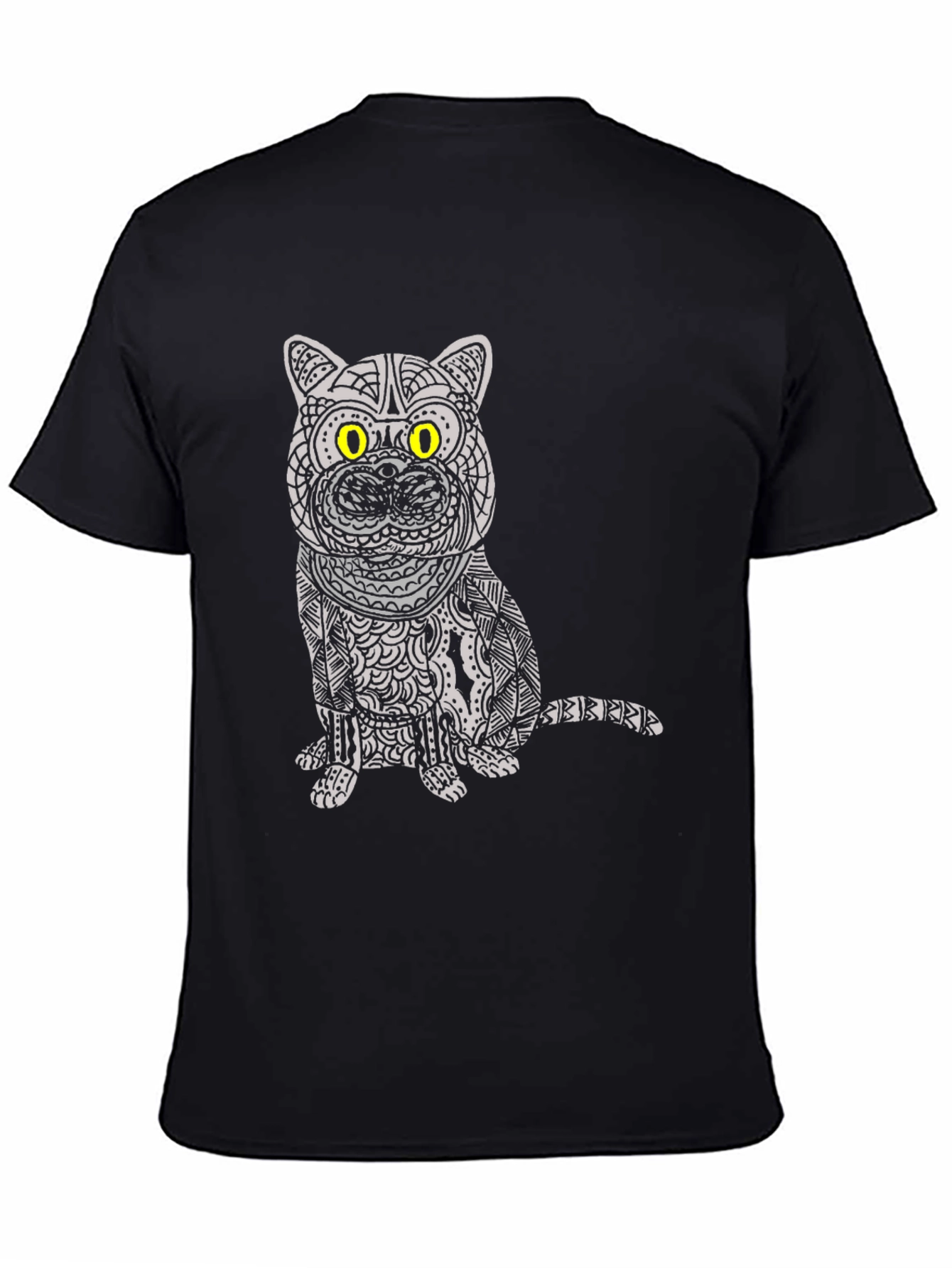 Camiseta Negra con Diseño de Gato Mandala