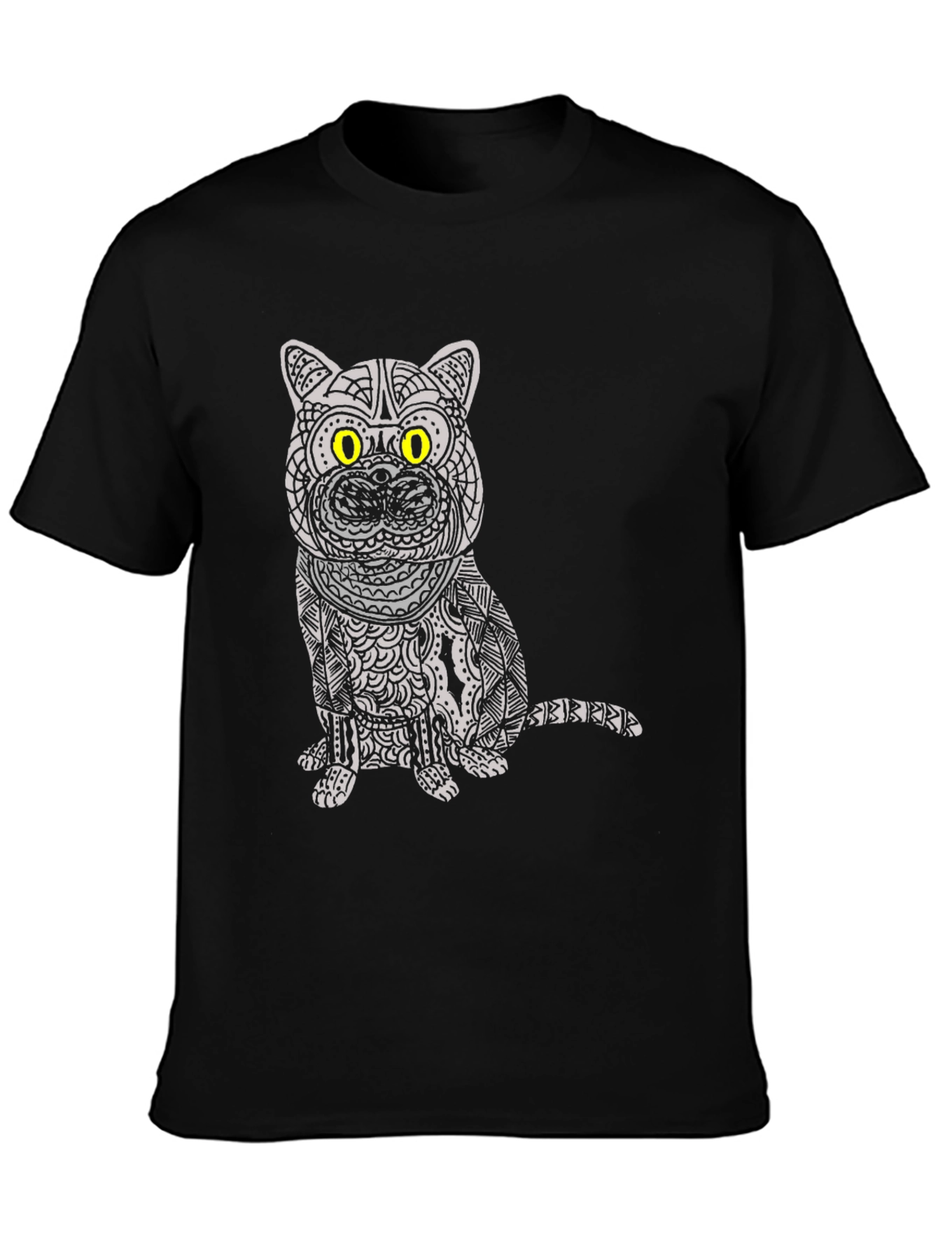 Camiseta Negra con Diseño de Gato Mandala
