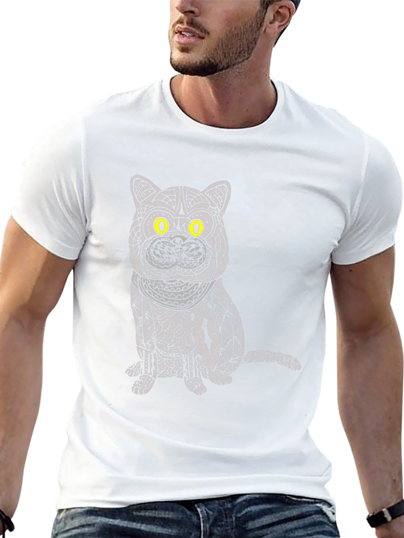 Camiseta Negra con Diseño de Gato Mandala