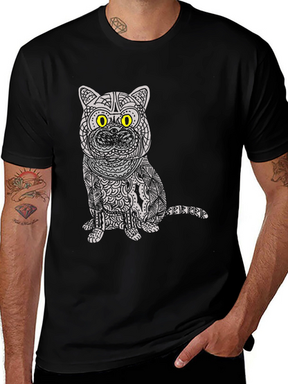 Camiseta Negra con Diseño de Gato Mandala