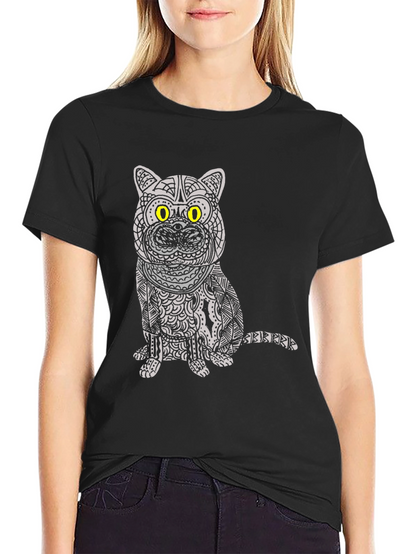 Camiseta Negra con Diseño de Gato Mandala