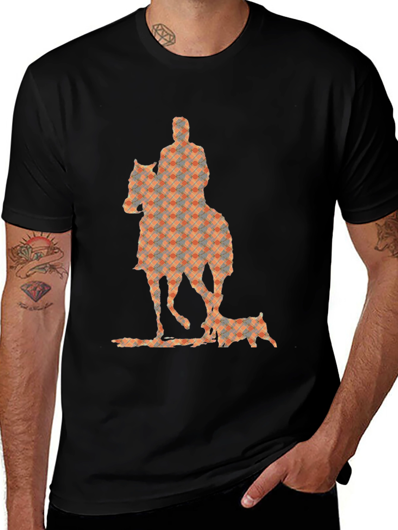 Camiseta Negra con Estampado de Jinete y Perro