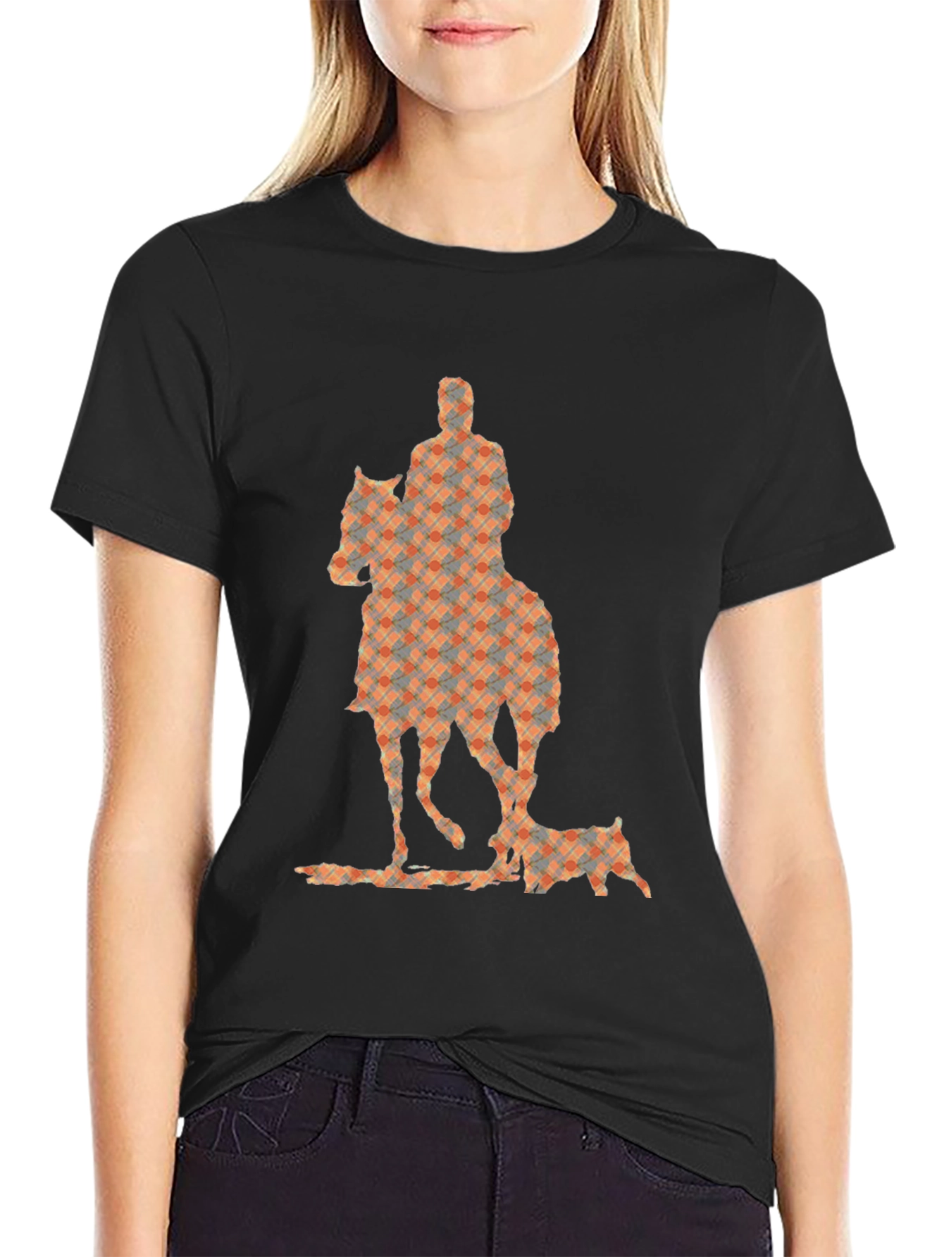 Camiseta Negra con Estampado de Jinete y Perro