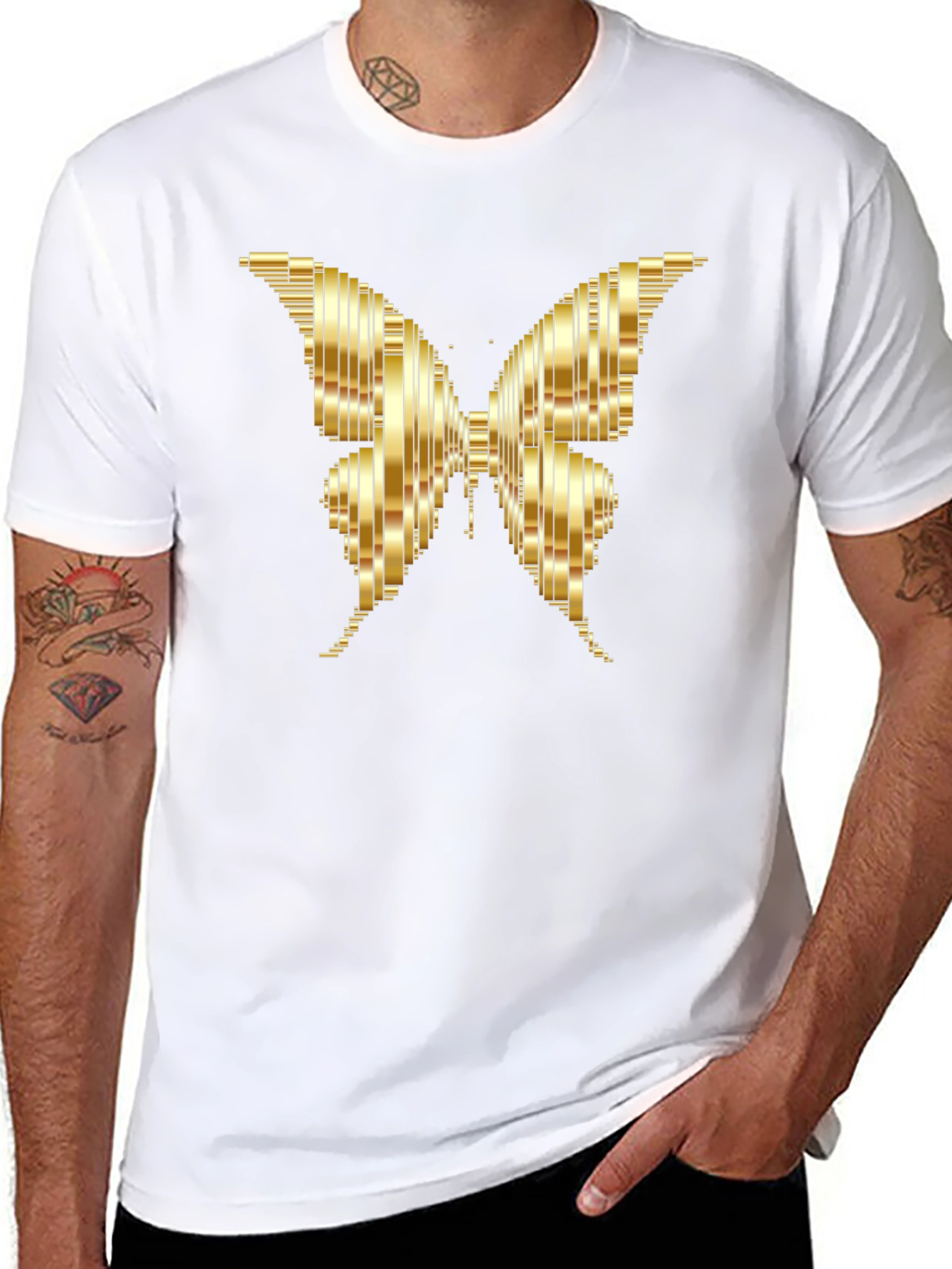 Camiseta Negra con Mariposa Dorada Abstracta