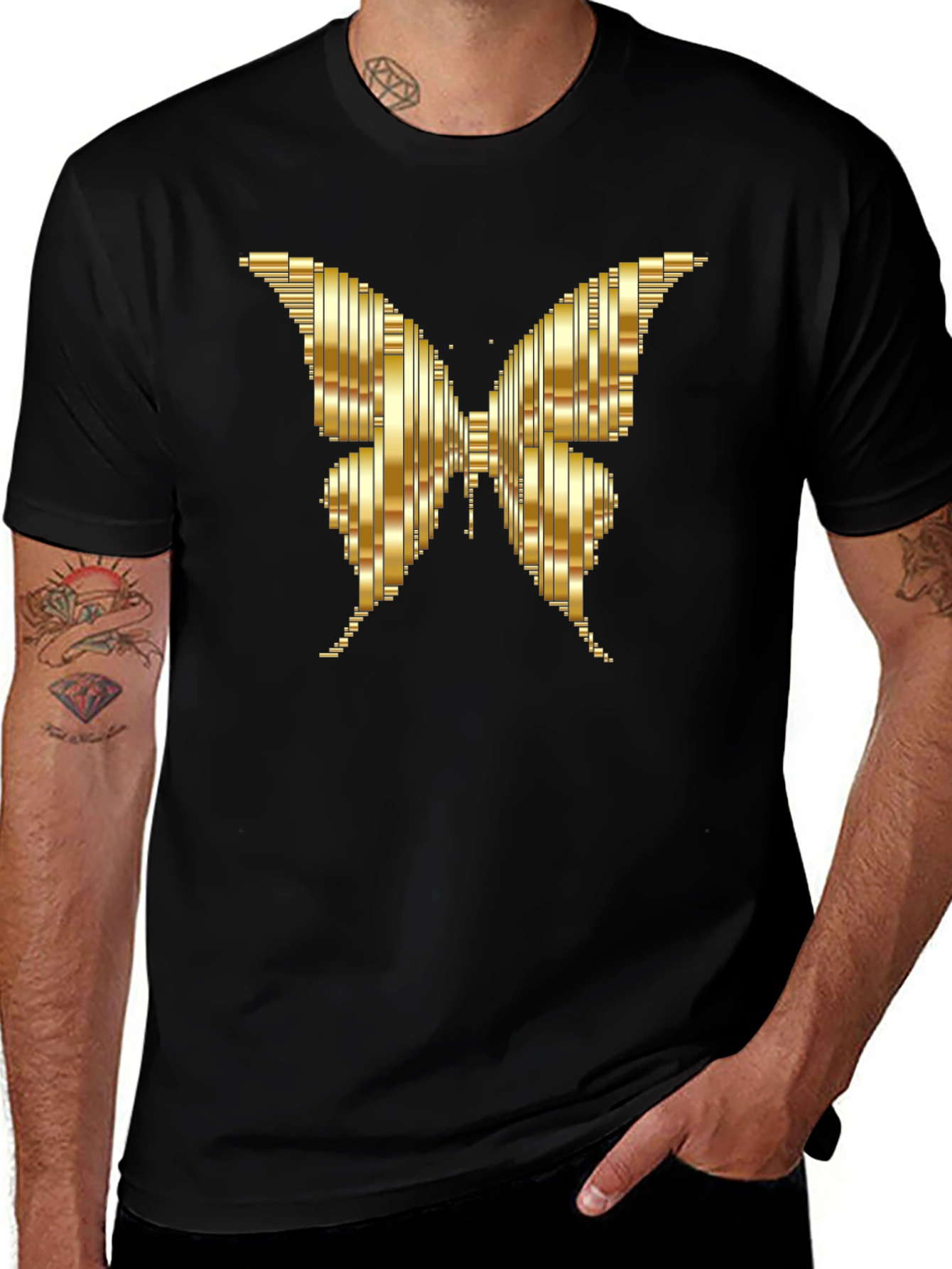 Camiseta Negra con Mariposa Dorada Abstracta