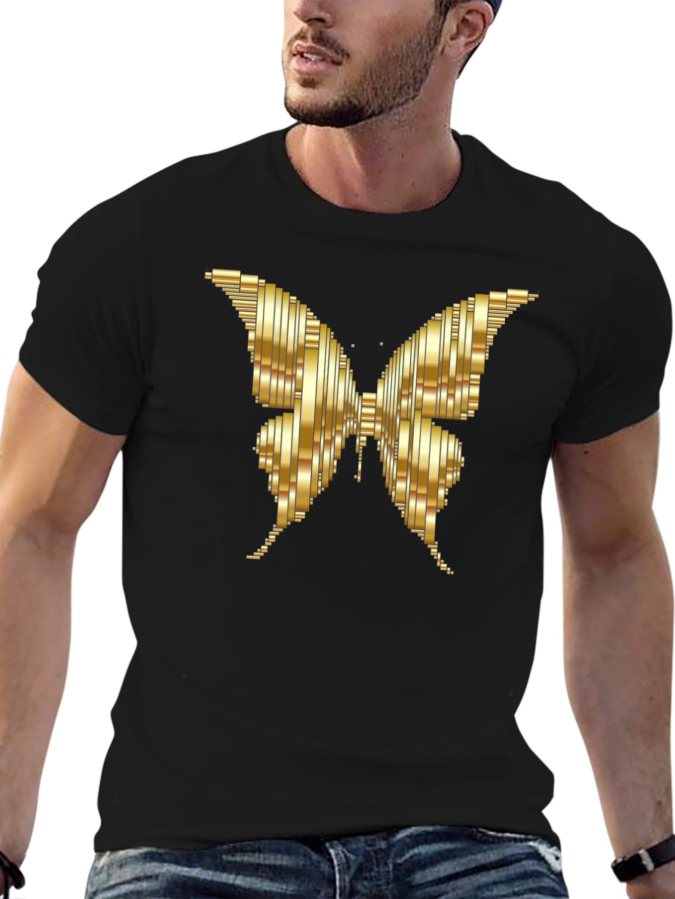 Camiseta Negra con Mariposa Dorada Abstracta