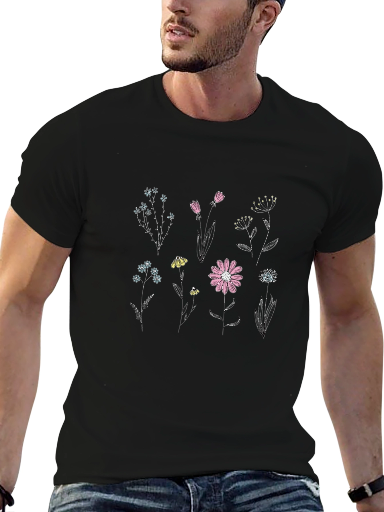 Camiseta Negra con Diseño Floral para Hombre