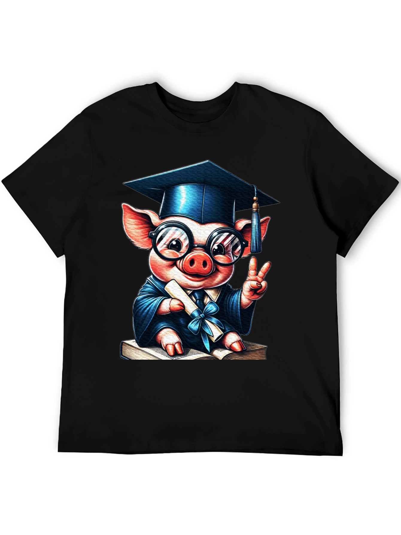 Camiseta Negra con Cerdo Graduado