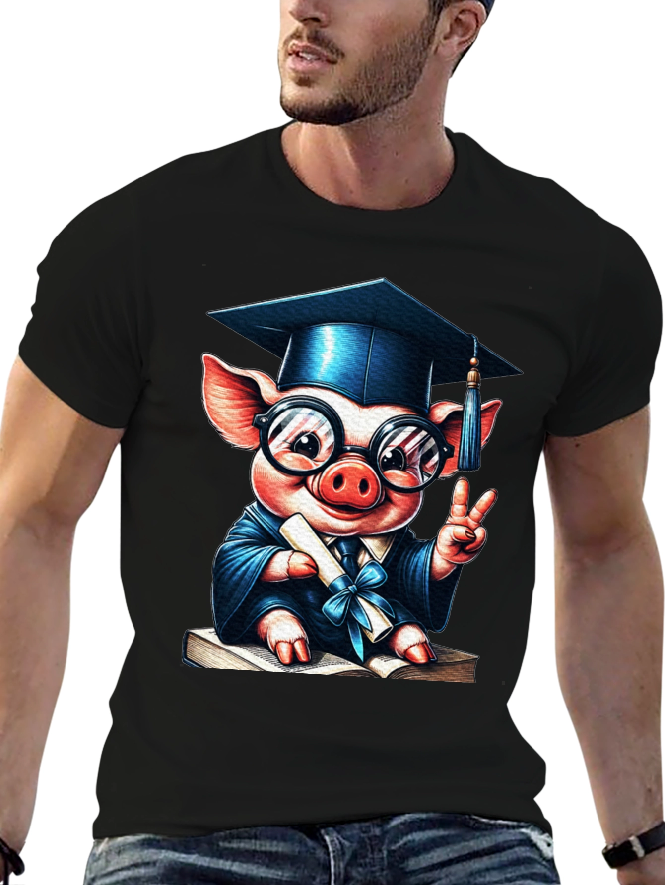 Camiseta Negra con Cerdo Graduado