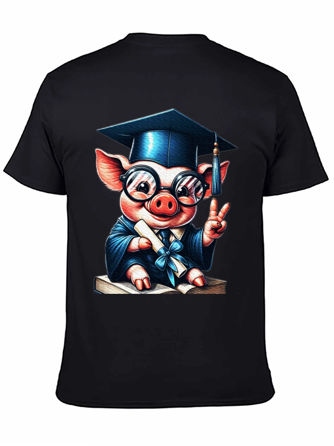 Camiseta Negra con Cerdo Graduado