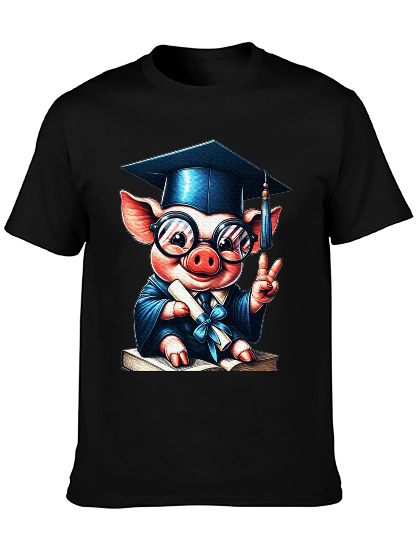 Camiseta Negra con Cerdo Graduado