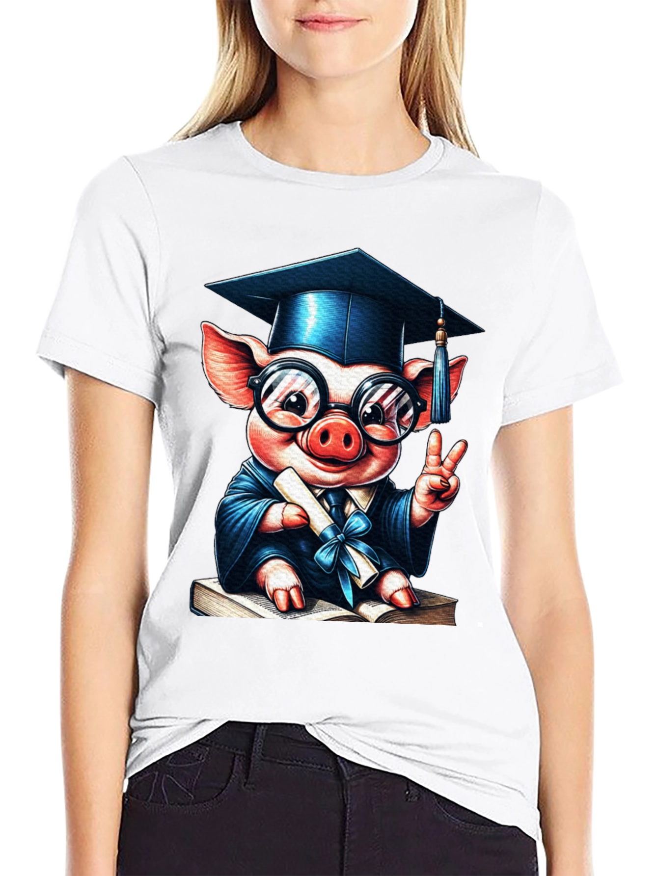 Camiseta Negra con Cerdo Graduado