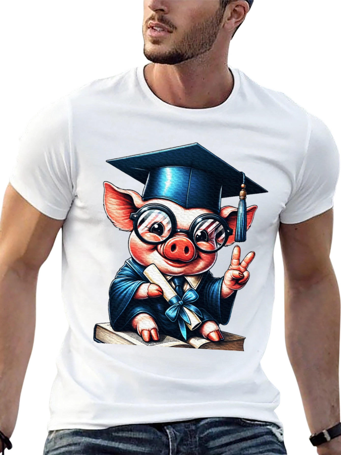 Camiseta Negra con Cerdo Graduado