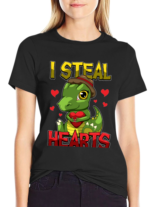 Camiseta Negra Dinosaurio San Valentín Robo Corazones