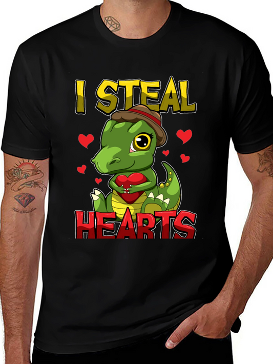 Camiseta Negra Dinosaurio San Valentín Robo Corazones
