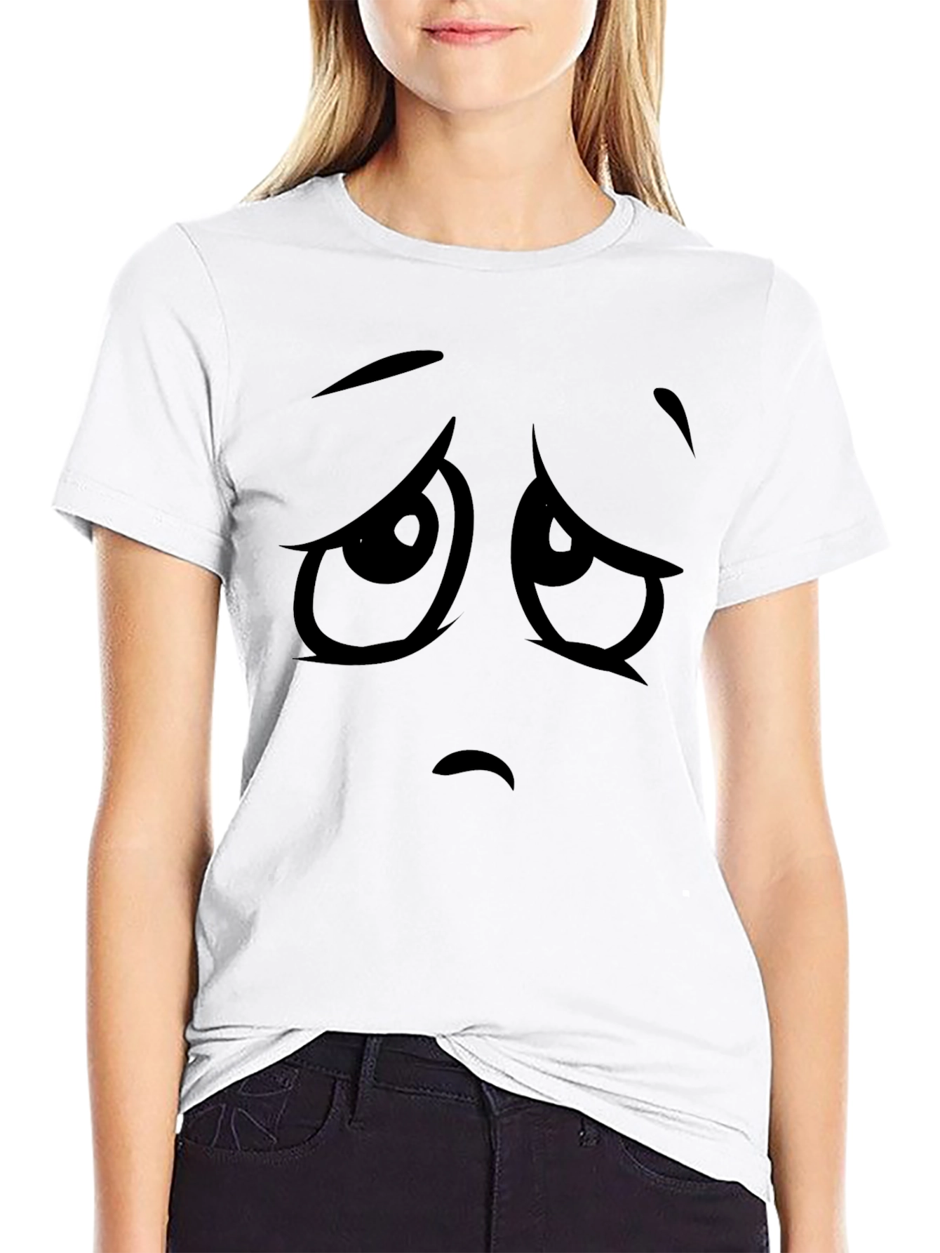 Camiseta Negra con Cara Triste de Dibujos Animados