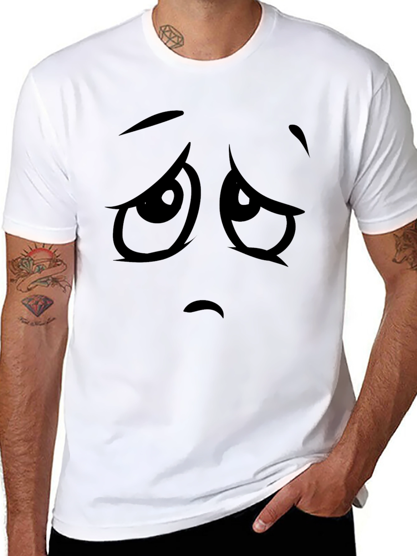 Camiseta Negra con Cara Triste de Dibujos Animados