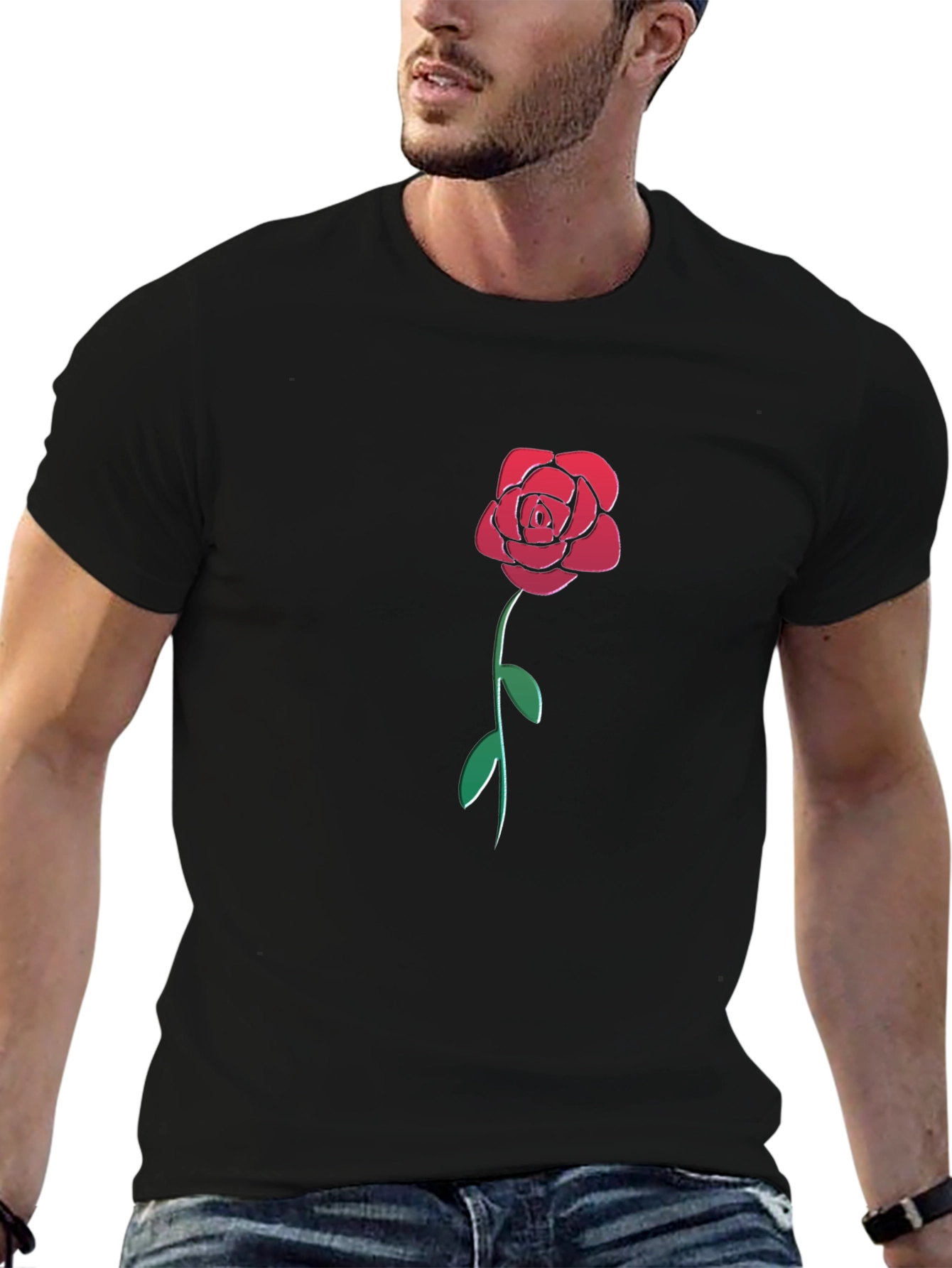 Camiseta Negra con Rosa Roja Estilizada para Hombre