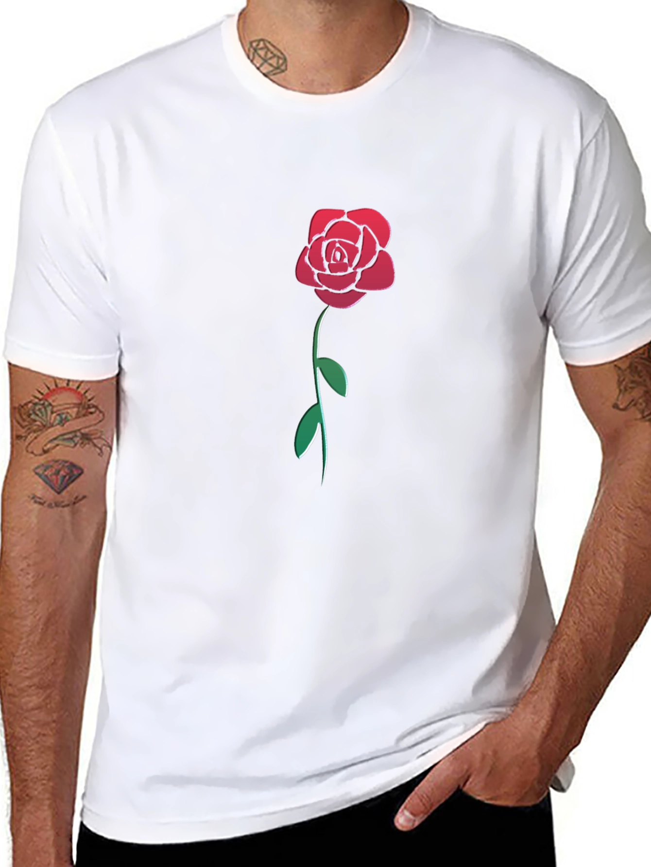 Camiseta Negra con Rosa Roja Estilizada para Hombre