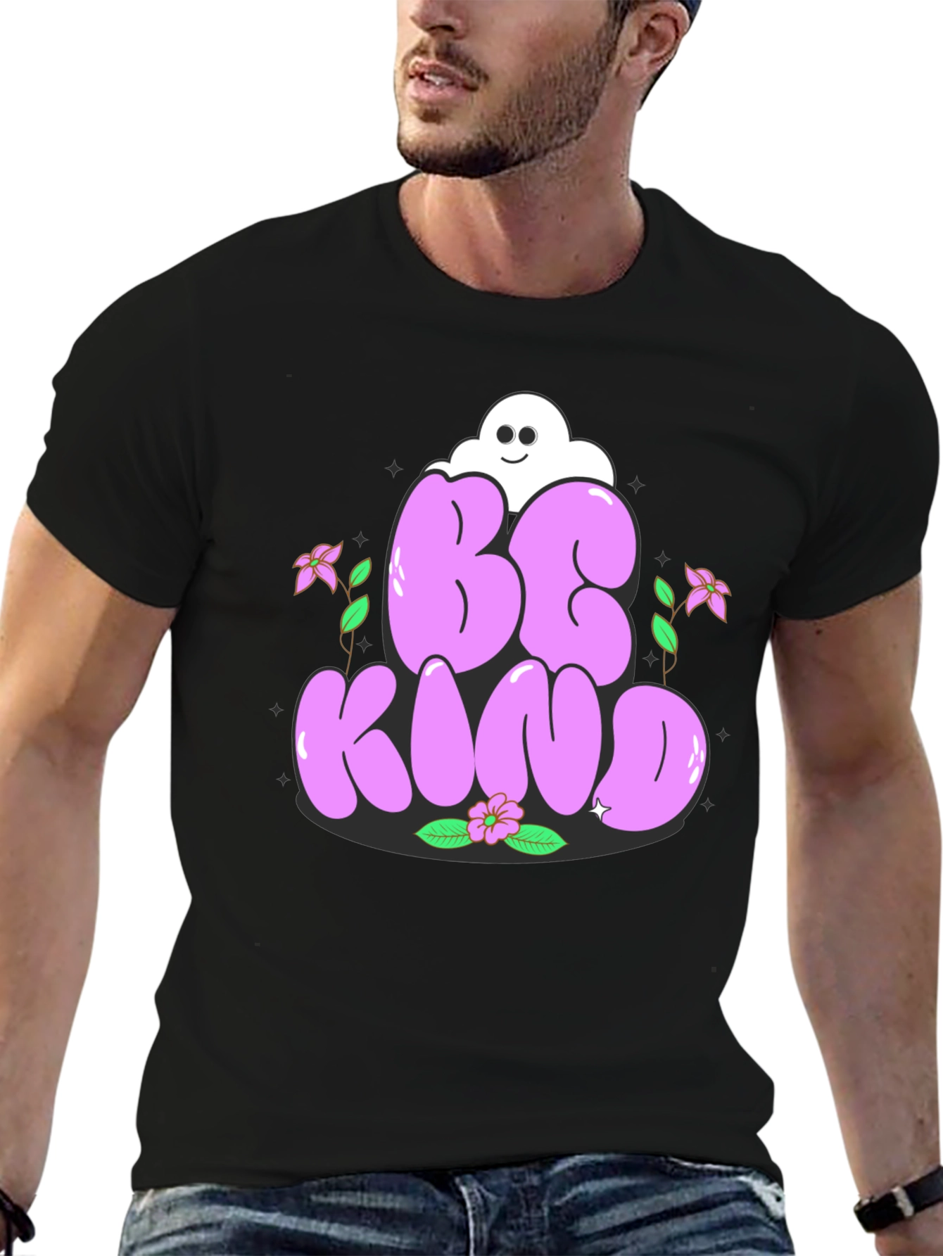 Camiseta Negra Be Kind con Diseño Floral