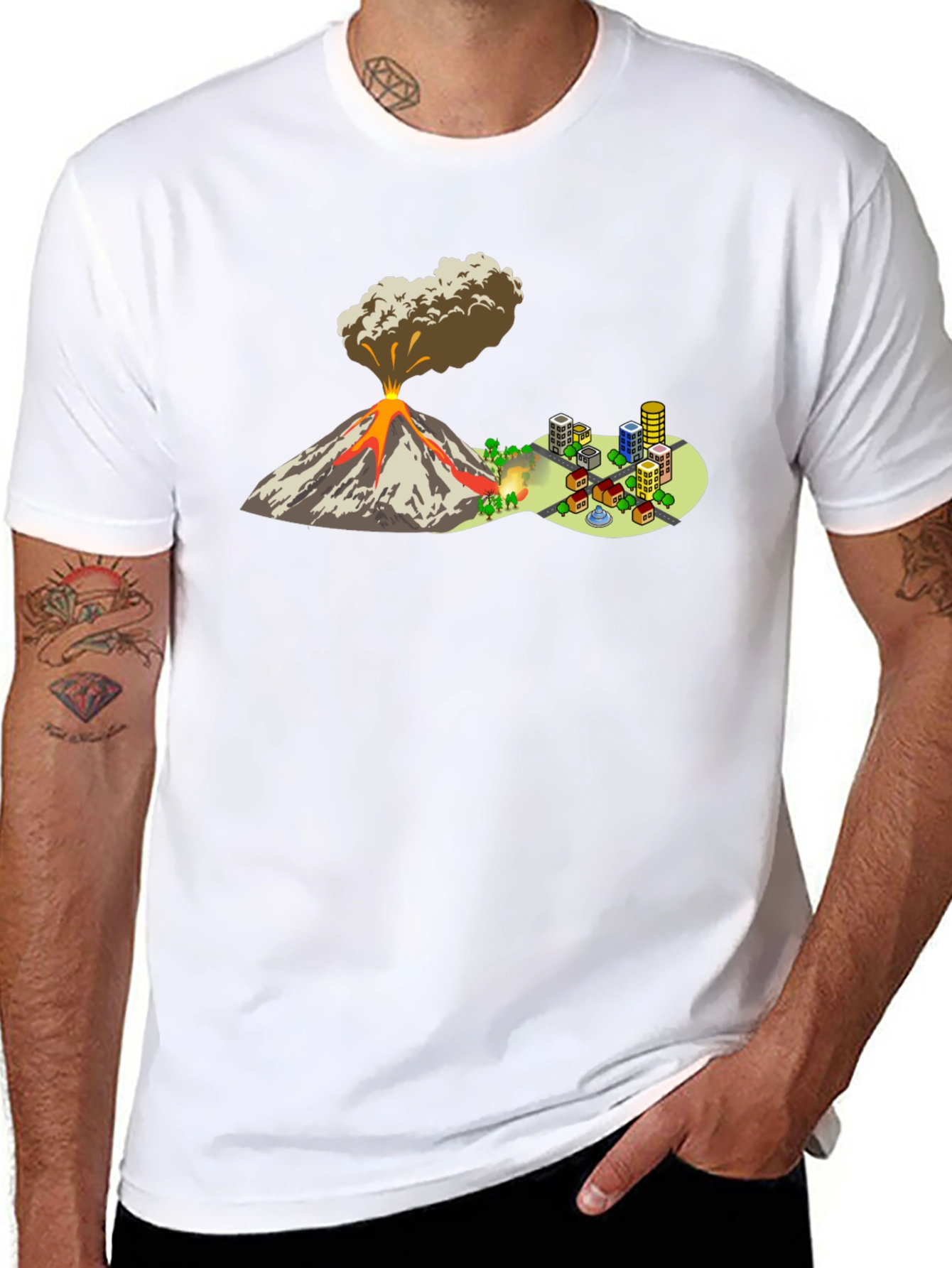 Camiseta Negra con Diseño de Volcán y Ciudad