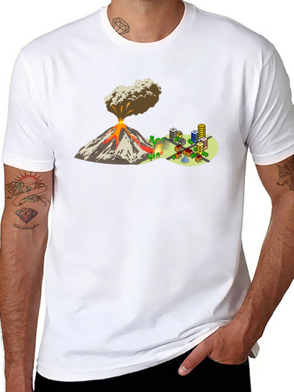 Camiseta Negra con Diseño de Volcán y Ciudad
