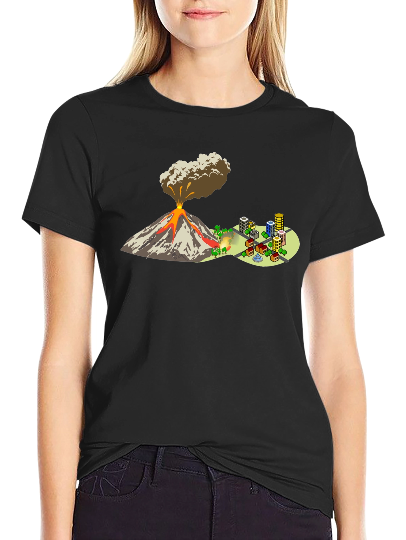 Camiseta Negra con Diseño de Volcán y Ciudad