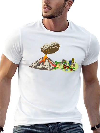 Camiseta Negra con Diseño de Volcán y Ciudad