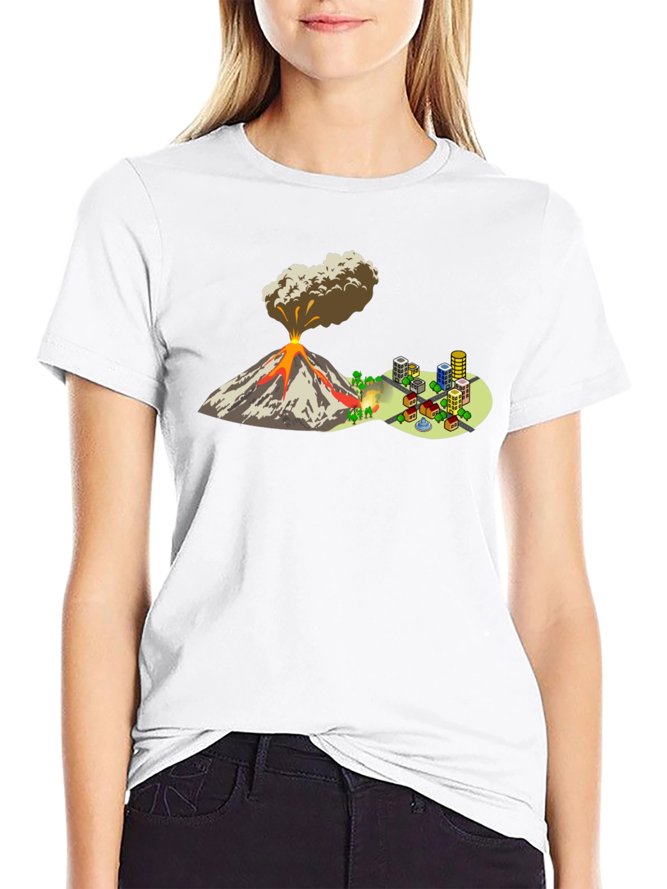 Camiseta Negra con Diseño de Volcán y Ciudad