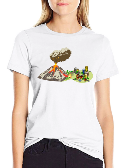 Camiseta Negra con Diseño de Volcán y Ciudad