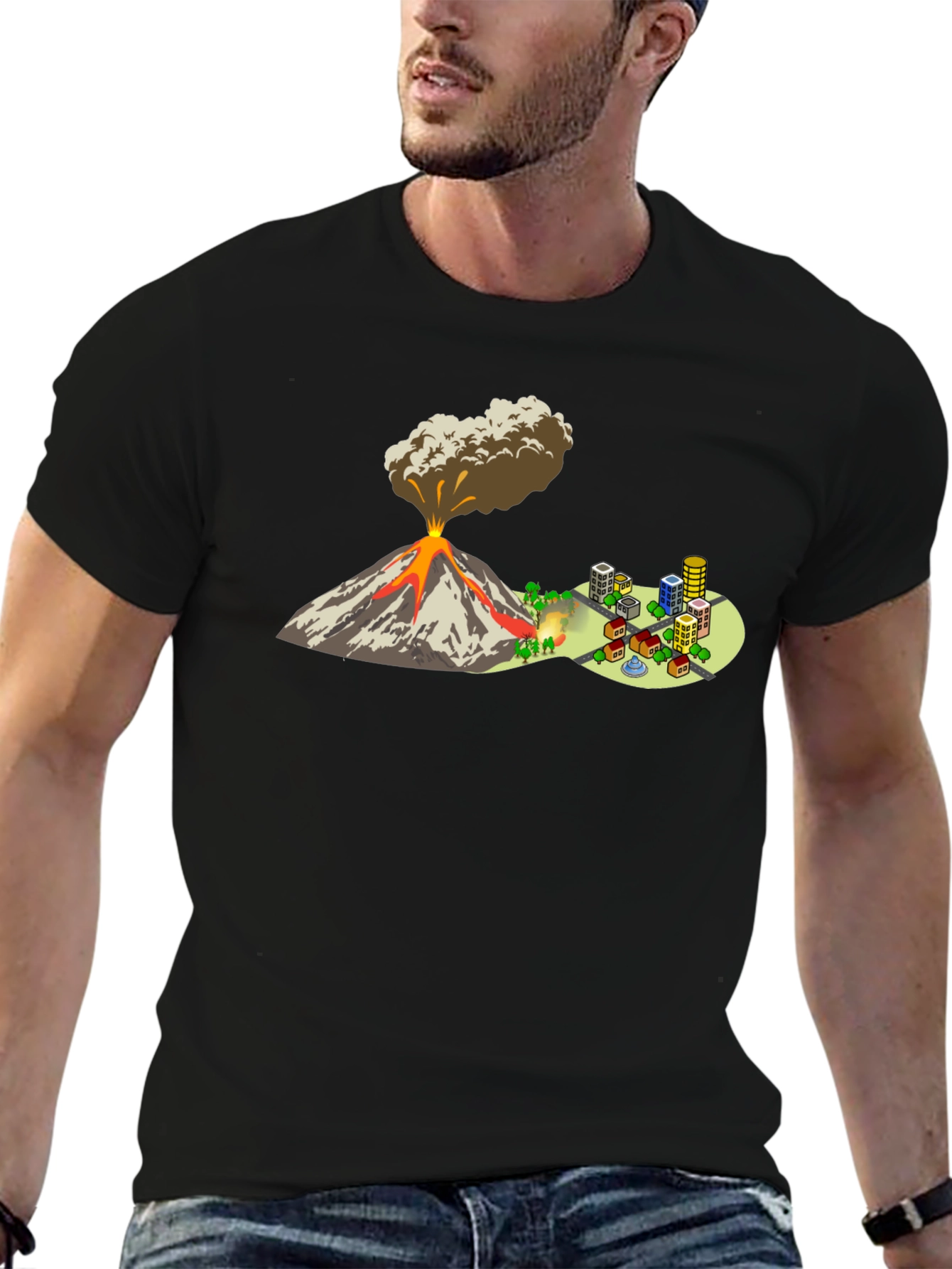 Camiseta Negra con Diseño de Volcán y Ciudad